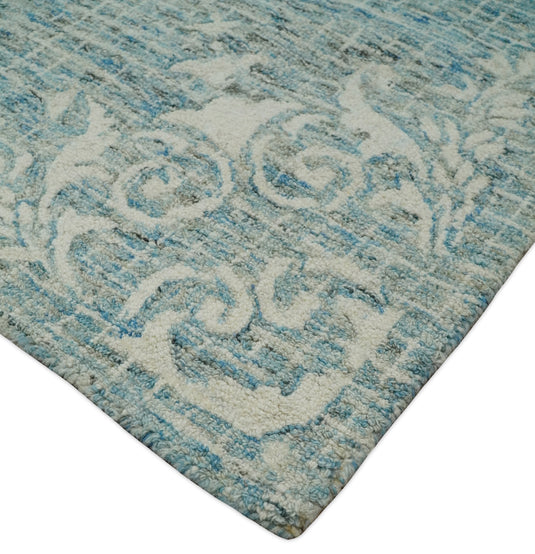 Custom Made Floral Blue And Ivory Hand Tufted Wool Area Rug