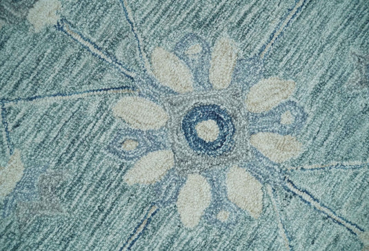 Custom Made Floral Pattern Blue, Ivory And Aqua Hand Tufted Wool Area Rug