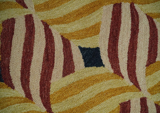 Custom Made Gold, Maroon, Black And Yellow Modern Stripes Pattern Hand Tufted Wool Area Rug