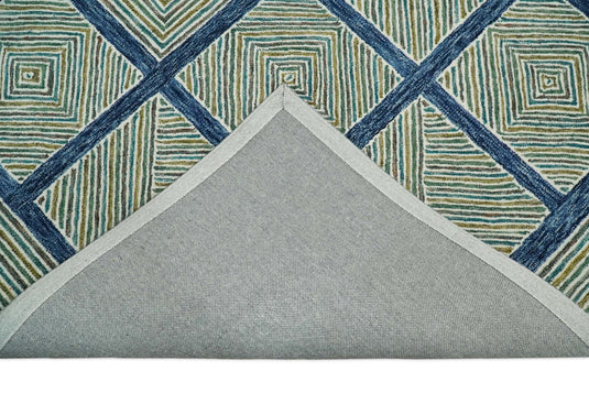 Custom Made Checkerboard Blue, Olive, Gray And Teal Hand Tufted Wool Area Rug