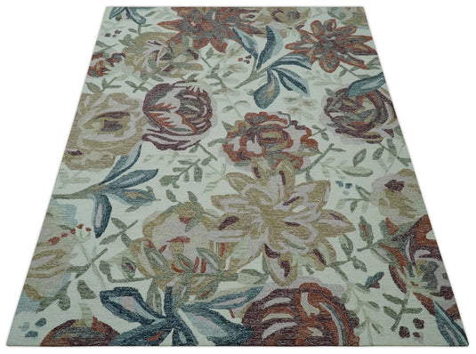 Hand Tufted Floral Green, Blue, Pink And Rust Rug 8x10 ft Ideal for Living, Bedroom And Dining Rooms