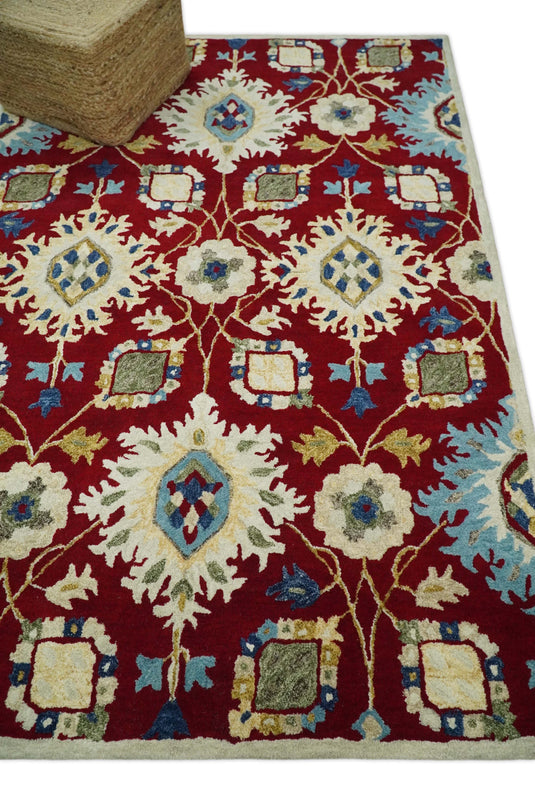 Custom Made Traditional Red, ivory And Blue Floral Hand Tufted Wool Area Rug