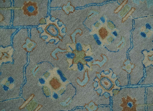 Custom Made Traditional Floral Gray, Blue, Aqua, Beige And Ivory Hand Knotted Wool Area Rug