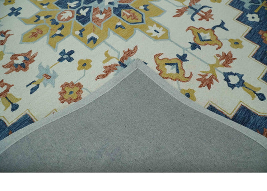 Custom Made Ivory, Blue, Rust And Olive Medallion Floral Hand Tufted Wool Area Rug