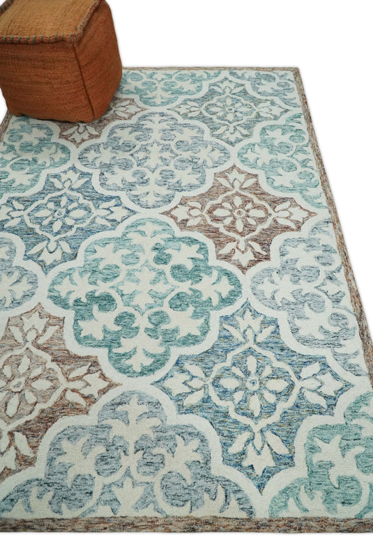 Custom Made Floral Pattern Blue, Rust, Aqua And ivory Hand Tufted Wool Area Rug