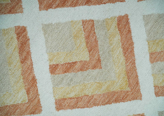 Custom Made Ivory, Dark Peach, Yellow And Light Beige Modern Geometrical Hand Tufted Wool Area Rug