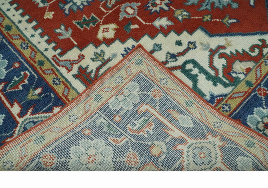 Custom Made Traditional Medallion Pattern Red, Blue and Ivory Hand Knotted wool Area Rug