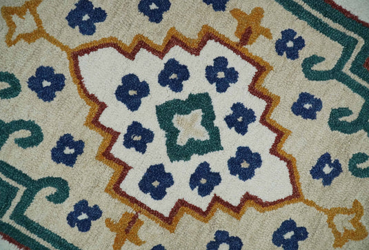 Custom Made Traditional Medallion Pattern Ivory, Green, Blue And Rust Hand Tufted  Wool Area Rug