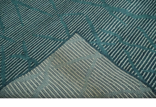 Custom Made Modern Horizontal Stripes Teal Hand Knotted Wool Area Rug