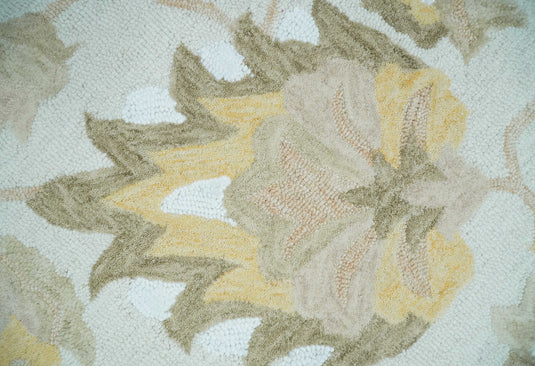 Custom Made Floral Pattern Silver, Olive, Beige And Yellow Hand Tufted Wool Area Rug