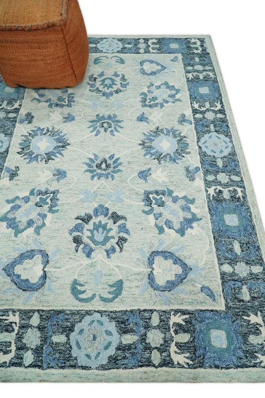 Custom Made Persian Gray, Blue And Charcoal Hand Tufted Wool Area Rug