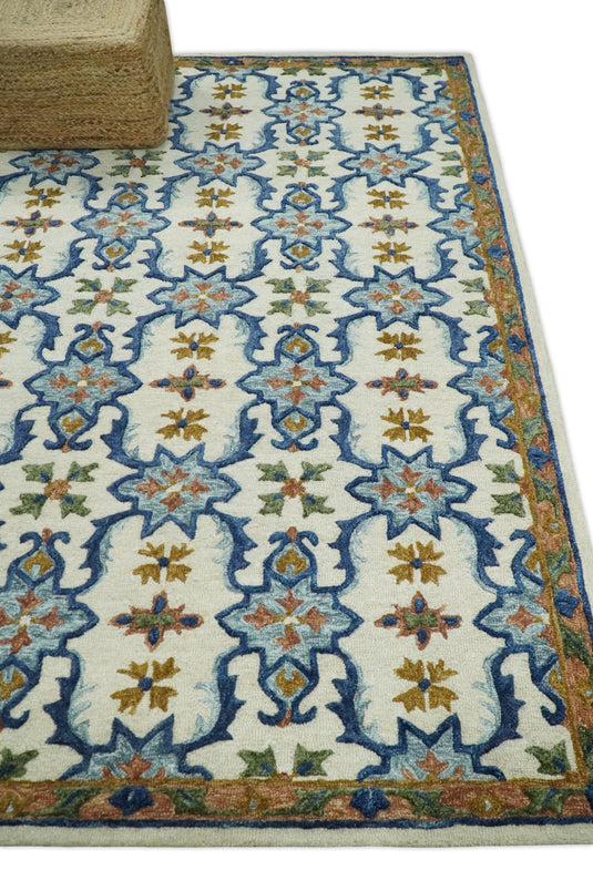 Custom Made Moroccan Trellis Ivory, Blue And Brown Hand Tufted Wool Area Rug