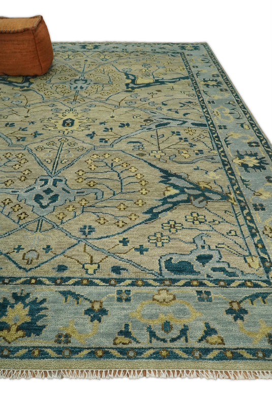 Custom Made Beige, Blue And Gold Oriental Oushak Hand Knotted Wool Area Rug