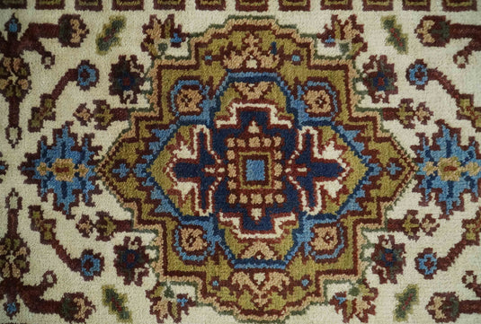 Cream, Rust and Blue Hand knotted Traditional Heriz 2.6x10 wool Area Rug