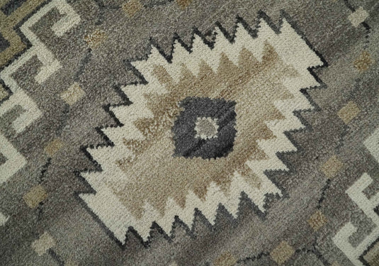 Traditional Medallion pattern Ivory, Beige, Charcoal and Brownish Gray Hand knotted 8x10 ft wool Area Rug