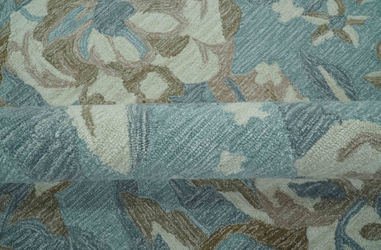 Custom Made Hand Tufted Floral Blue, Ivory, Brown And Gray Rug Wool Area Rug