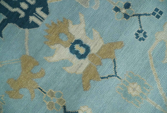 Custom Made Hand Knotted Oushak Blue, Ivory And Beige Wool Area Rug