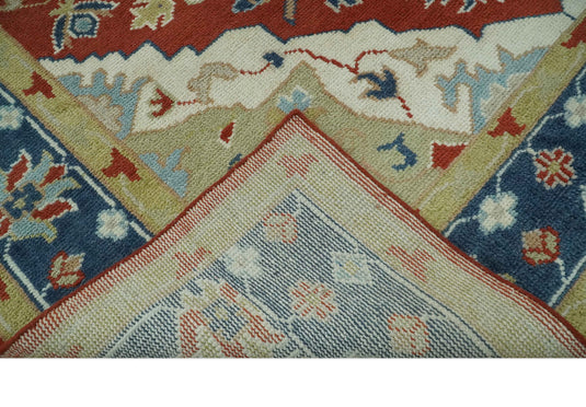 Custom Made Traditional Medallion Pattern Red, Blue, Ivory and Olive Hand Knotted wool Area Rug