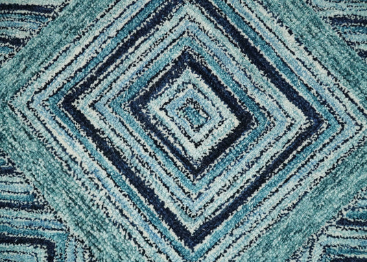 Custom Made Modern Geometric Teal, Charcoal And Ivory Hand Tufted Wool Area Rug