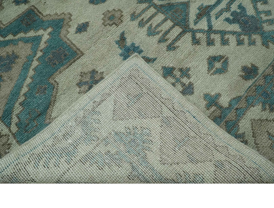 Custom Made Tribal Pattern Beige,Teal and Brown Traditional Hand knotted wool Area Rug