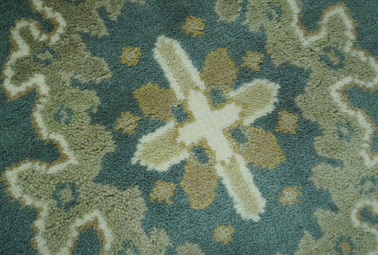 Custom Made Hand Knotted Classic Floral Motifs Oushak Rug Deep Green, Ivory And Olive Wool Area Rug