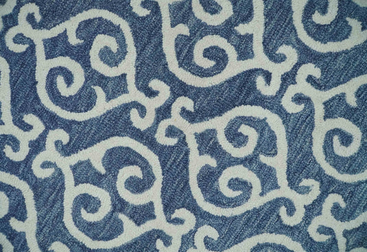 Custom Made Blue and Ivory Trellis Pattern Hand Tufted  Wool Area Rug