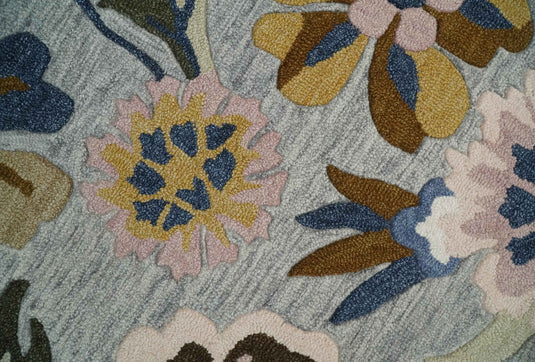 Custom Made Colorful Floral Pattern Gray, Peach, Ivory, Gold And Brown Hand Tufted  Wool Area Rug