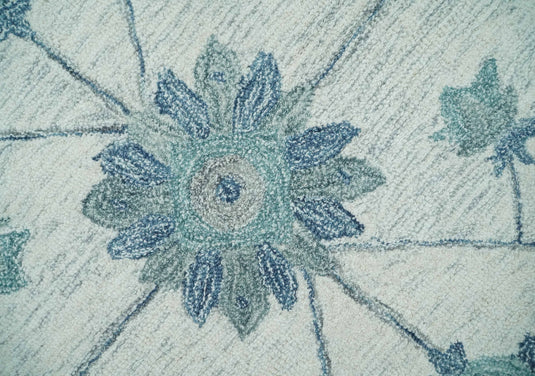 Custom Made Teal, Ivory And Gray Traditional Floral Hand Tufted Wool Area Rug