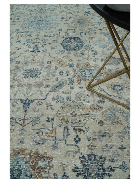 Beige And Rust Vintage Traditional Handknotted Persian Rug Made with Wool | Oxidised,DIstressed low Pile Vintage Rug, Living Room Rug