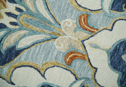 Custom Made Floral Design Gray, Blue, Ivory, Olive And Rust Hand Tufted Wool Area Rug