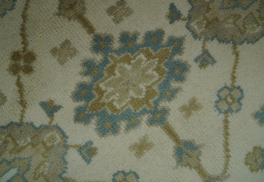 Custom Made Hand Knotted Oushak Cream, Beige, Ivory, Blue And Gold Wool Area Rug