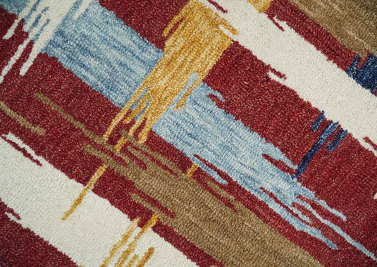 Custom Made Abstract Pattern Maroon, Ivory, Brown And Blue Hand Tufted  Wool Area Rug