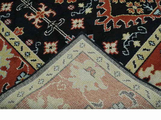 Custom Made Traditional Tribal Pattern Black, Rust And Ivory Hand Knotted Wool Area Rug