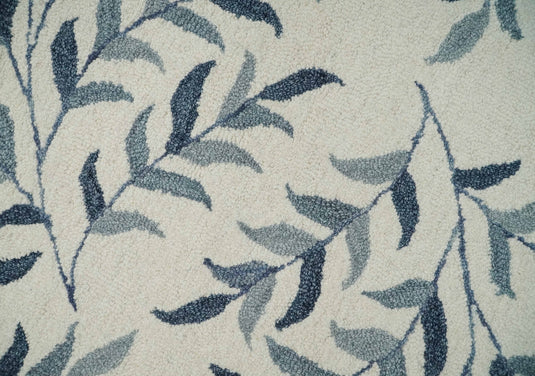 Custom Made Ivory, Gray And Charcoal Leaves Pattern Hand Tufted  Wool Area Rug