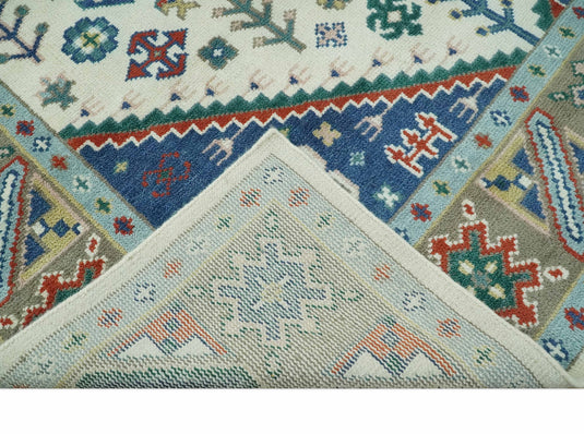 Tribal Pattern Ivory, Blue and Red Hand Knotted 8x10 ft wool Area Rug