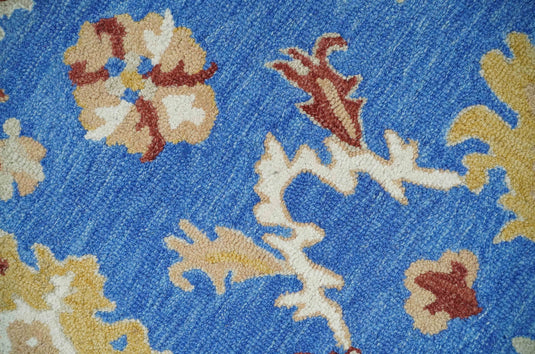 Custom Made Traditional Floral Blue, Camel And Maroon Hand Tufted  Wool Area Rug