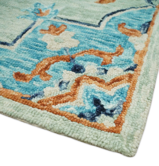 Custom Made Traditional Beige And Blue Hand Tufted Wool Area Rug