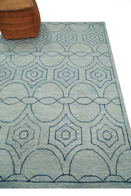 Custom Made Modern Geometrical Pattern Gray And Blue Hand Tufted Wool Area Rug