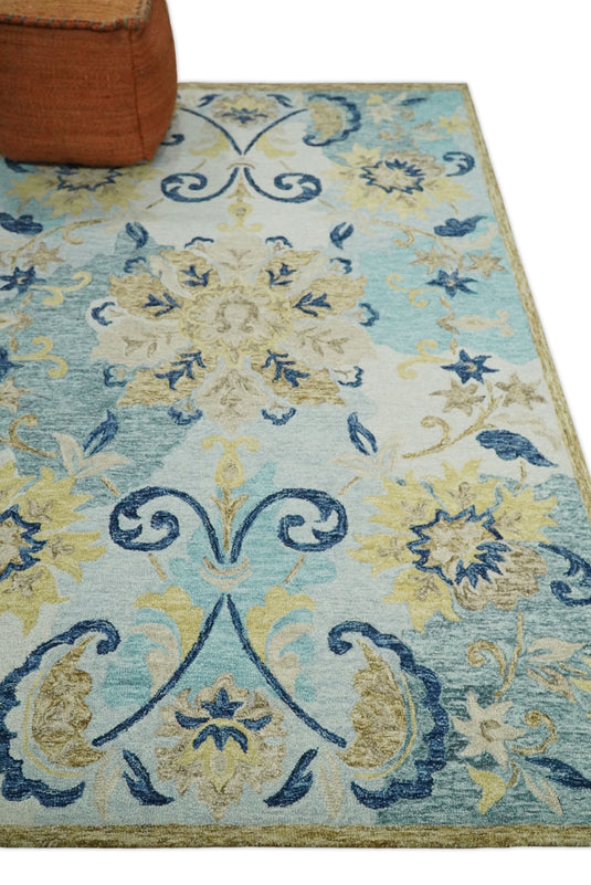 Custom Made Floral Blue, Camel, Beige And Ivory Hand Tufted Wool Area Rug