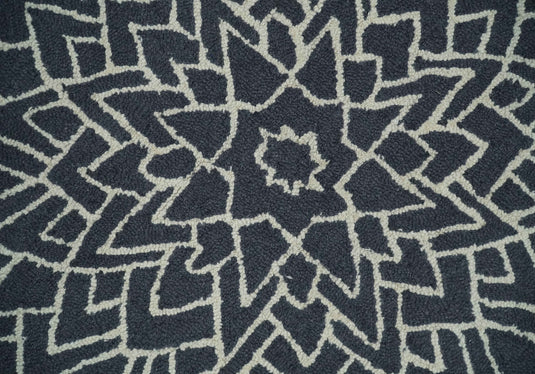 Custom Made Geometrical Radial lines Charcoal And Ivory Hand Tufted  Wool Area Rug