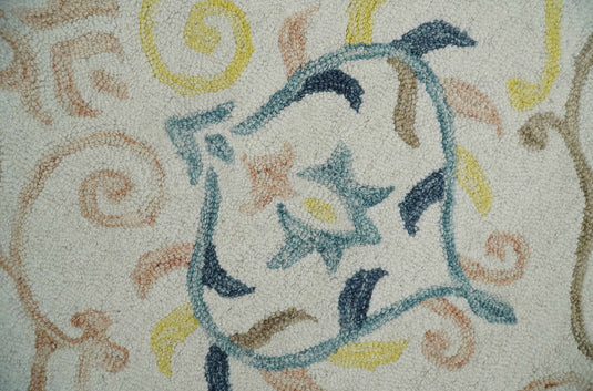 Custom Made Floral Pattern Ivory, Blue, Yellow And Brown Hand Tufted  Wool Area Rug