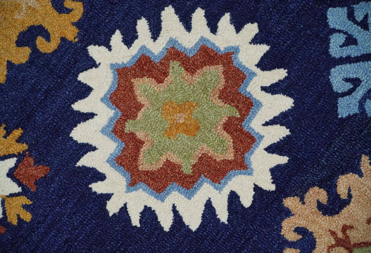 Custom Made Blue, Aqua, Maroon And Camel Hand Tufted  Wool Area Rug