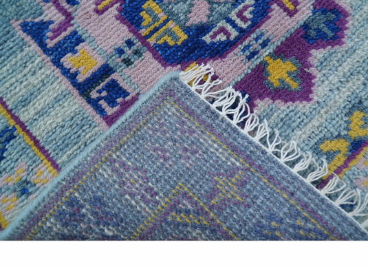 Traditional Geometrical Design 2.6x10 ft Hand Knotted Blue And Purple Wool Area Rug