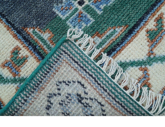 Traditional Khotan Design 4x6 ft Hand Knotted Teal And Ivory Wool Area Rug