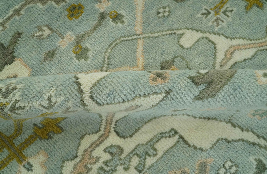 Custom Made Hand Knotted Oriental Oushak Aqua, Olive, Gray And Ivory Wool Area Rug