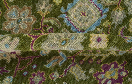 Custom Made Hand Knotted Green, Blue And Purple Herati Wool Area Rug
