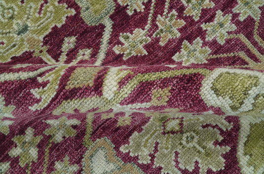Custom Made Hand Knotted Antique Deep Maroon, Olive And Ivory Wool Area Rug