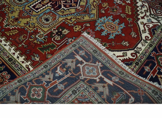 Hand Knotted Heriz Serapi Rug Rust and Blue 8x10 ft Ideal for Living, Bedroom, and Dining Rooms | CP1859810S