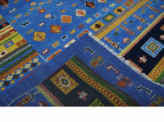 Hand Knotted Traditional Antique Gabbeh Rug Vibrant Blue and Black 8x10 ft Ideal for Living, Bedroom, and Dining Rooms | CP1862810S