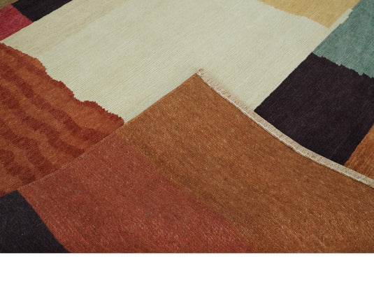 Modern Geometrical Pattern Hand Knotted Brown and Charcoal 5x6 ft Bedroom, Living Room Rug Wool Area Rug